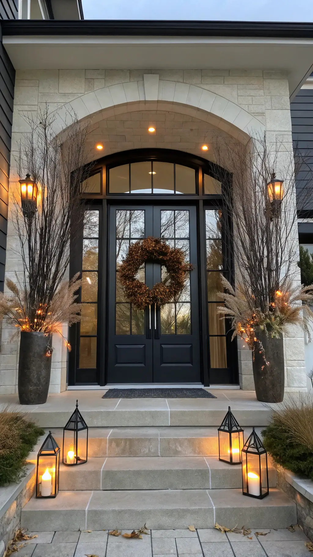 Fall door decorated with pumpkins and garlands