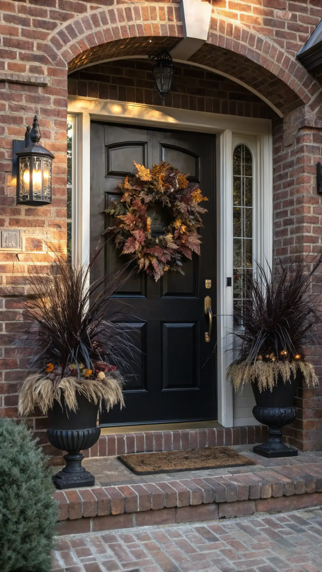 Well-balanced fall door decor with pumpkins and garlands
