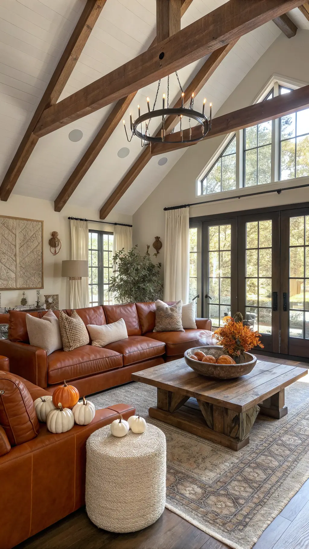 Elegant living room at golden hour featuring a cognac leather sectional sofa with textured pillows, reclaimed wood coffee table with white pumpkins and dried hydrangeas centerpiece, illuminated by natural light through sheer linen curtains.