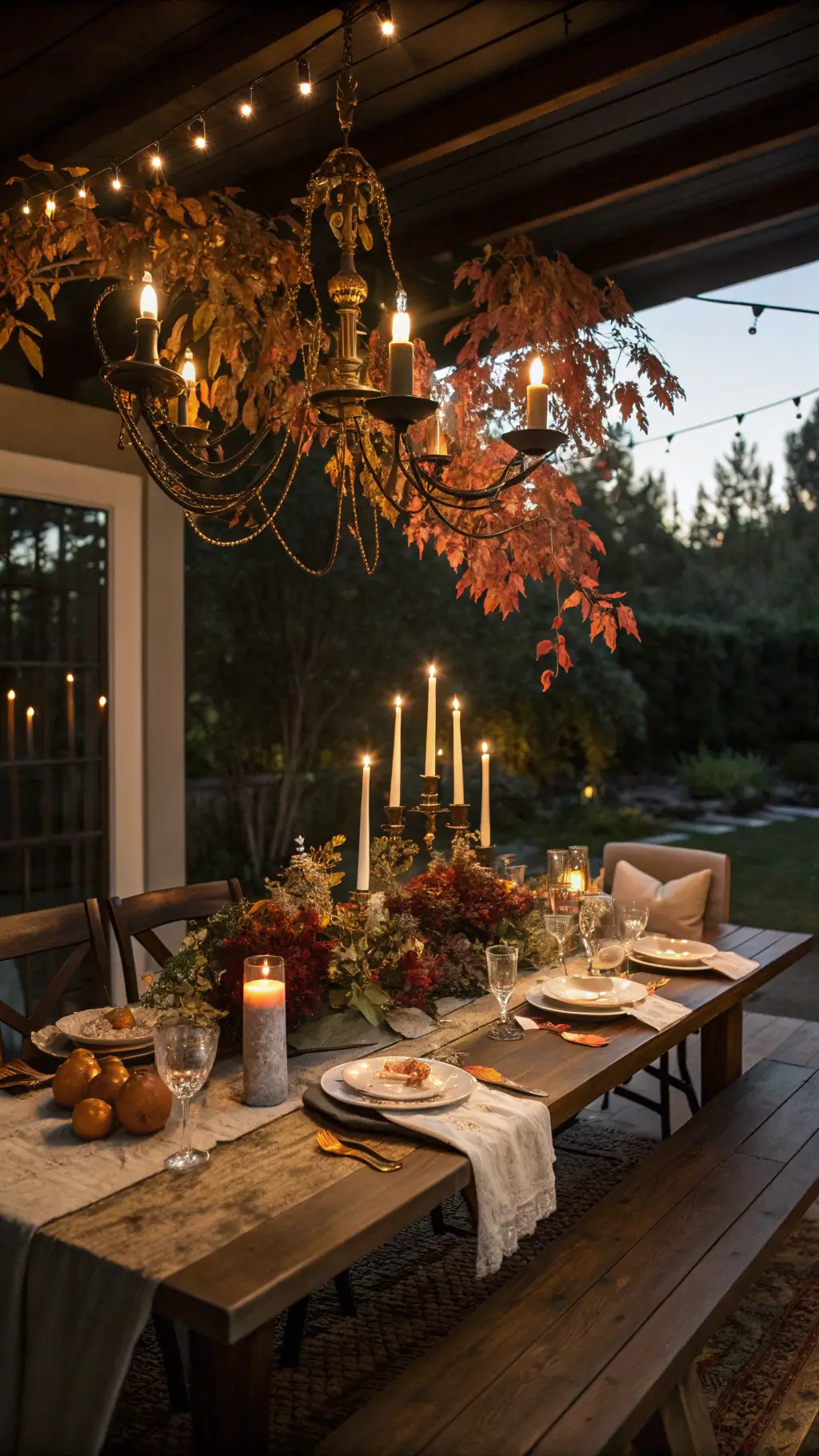 Dining room at dusk with a dark walnut farmhouse table, fall-themed branch centerpiece, vintage brass candlesticks with ivory tapers, and a copper-olive silk runner.