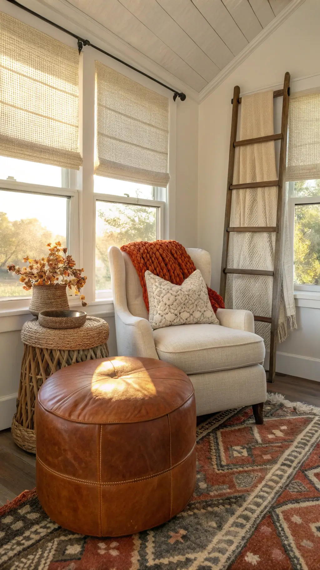 Cozy reading nook with cream linen armchair, leather ottoman, autumn-themed textiles, vintage ladder with blankets, and morning sunlight filtering through roman shades.