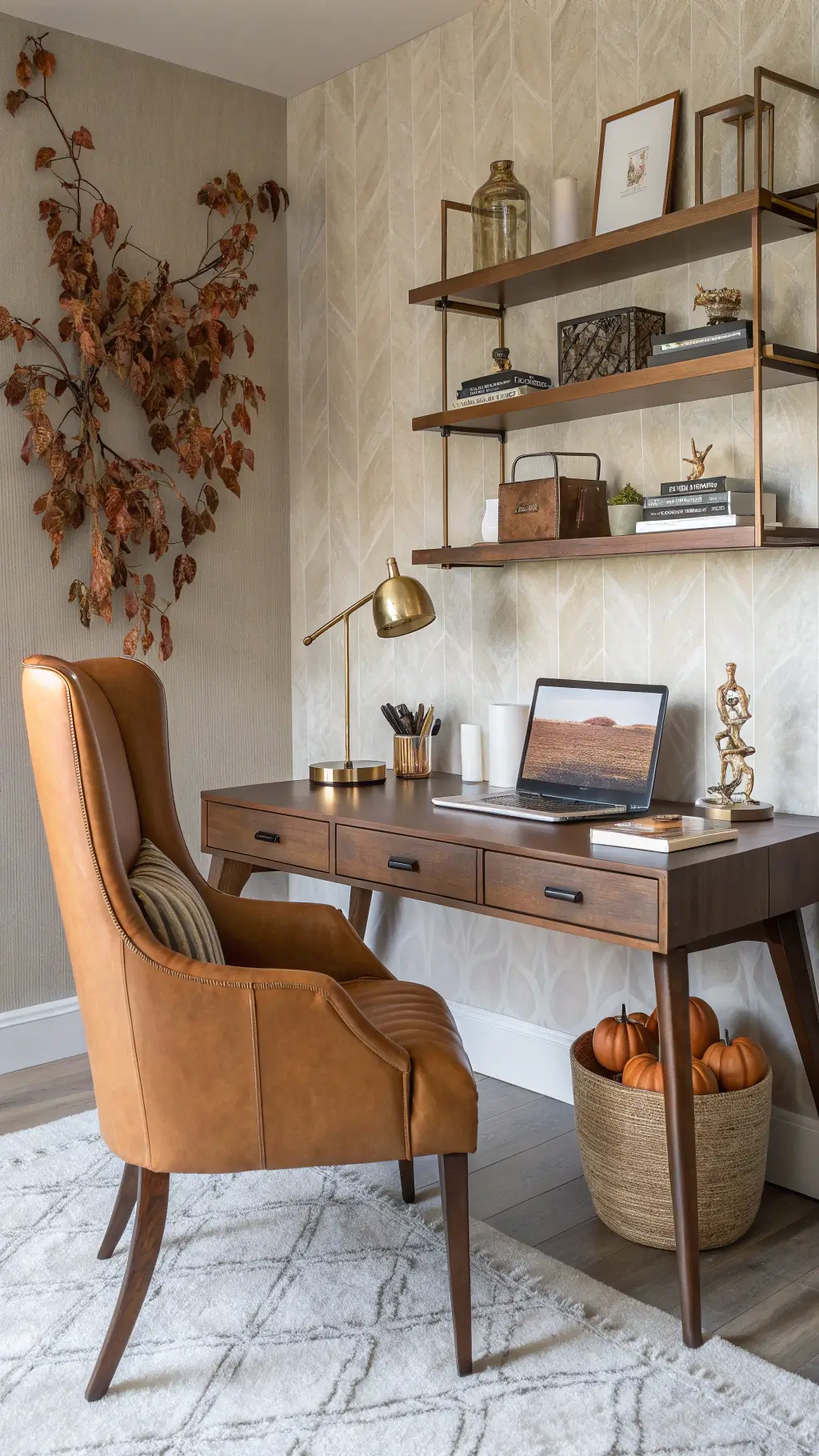 Modern home office with walnut desk, camel leather chair, brass lamp, fall foliage in glass vase, copper decor objects, and small white pumpkins on floating shelves illuminated by soft afternoon light.