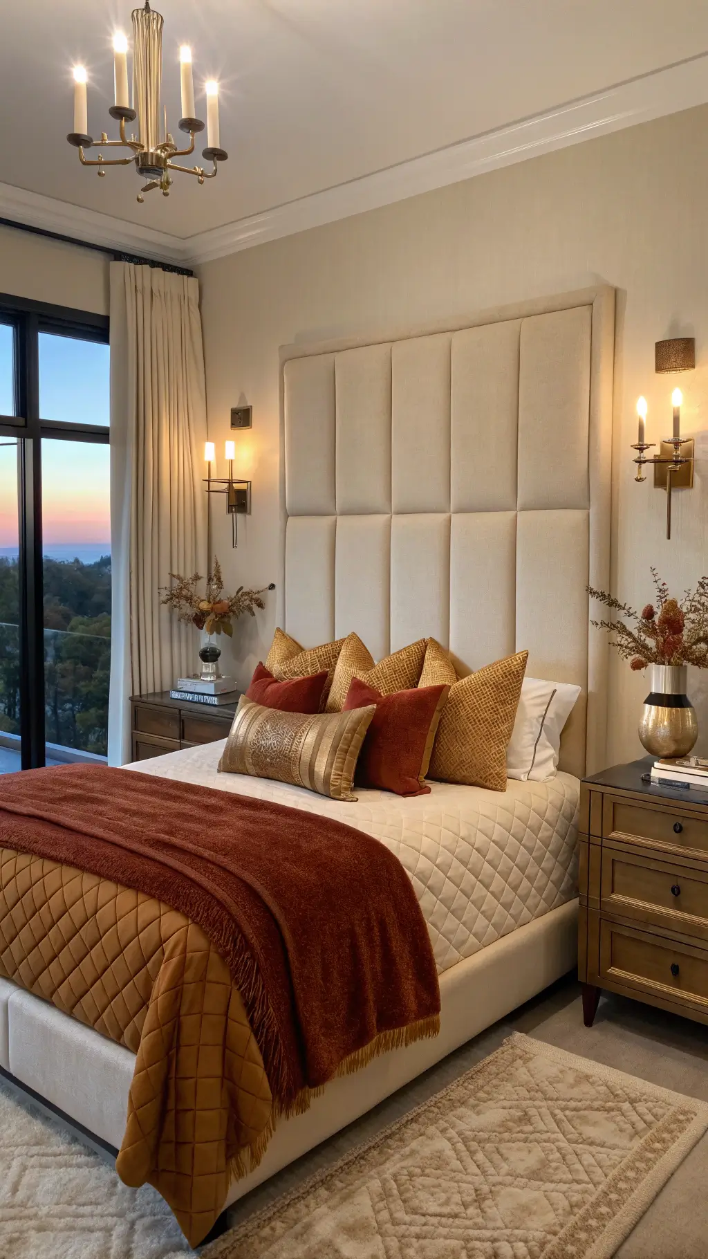 Luxurious master bedroom at twilight with vintage brass sconces, cream linen headboard, fall bedding in bronze and gold tones, nightstands styled with candlesticks and dried botanicals.