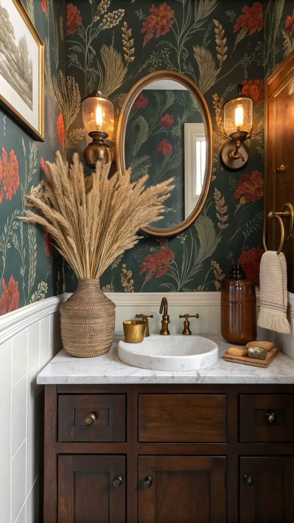 Vintage brass mirror reflecting a stylish powder room with botanical wallpaper, marble vanity, sconce lighting, and earth-toned pottery.