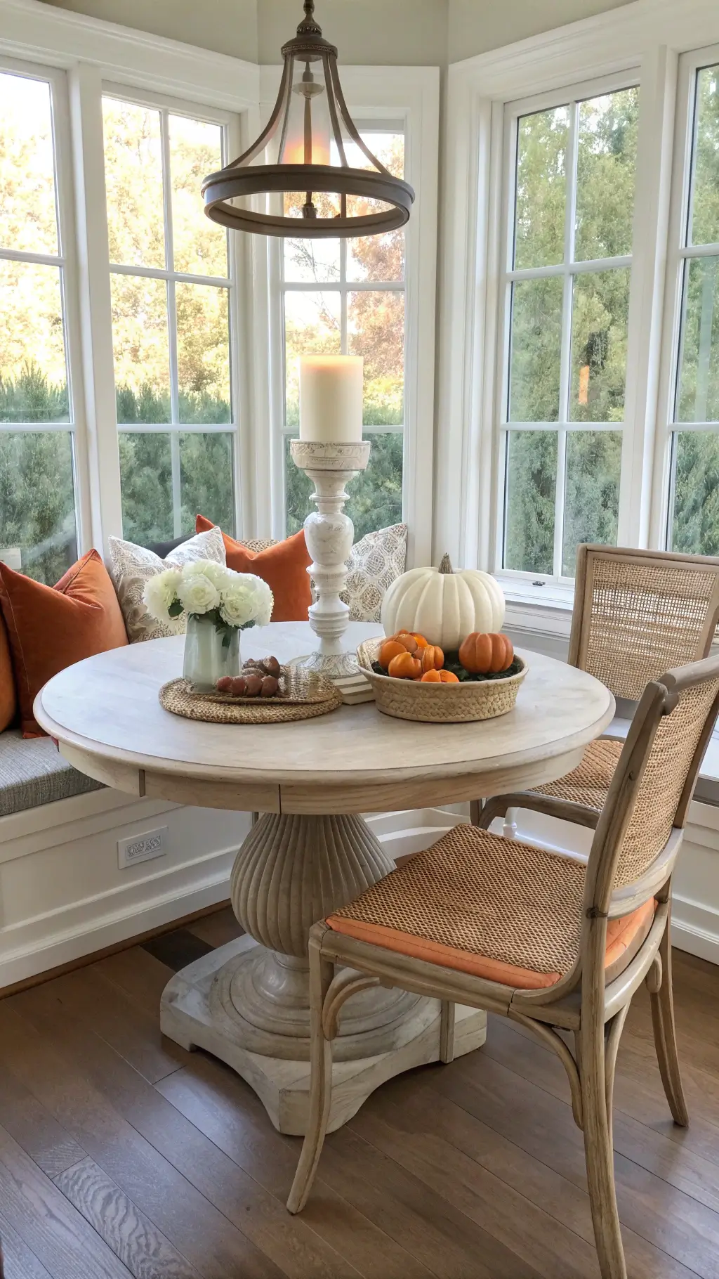 Kitchen nook bathed in morning light with bleached oak table, vintage cane chairs, glass candle centerpiece, mini pumpkins, and burnt orange window seat cushion.
