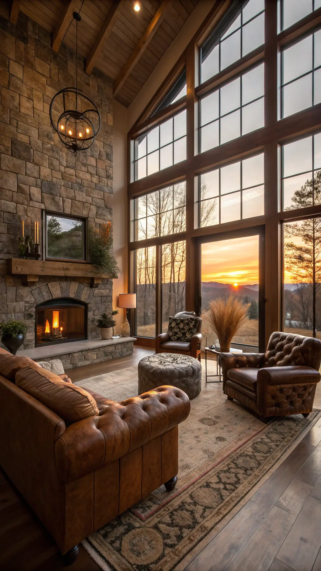 Spacious great room at sunset with floor-to-ceiling windows, stone fireplace, leather chesterfield sofa, wingback chairs, camel mohair poufs, and large copper vessel filled with dried pampas grass and preserved oak branches.