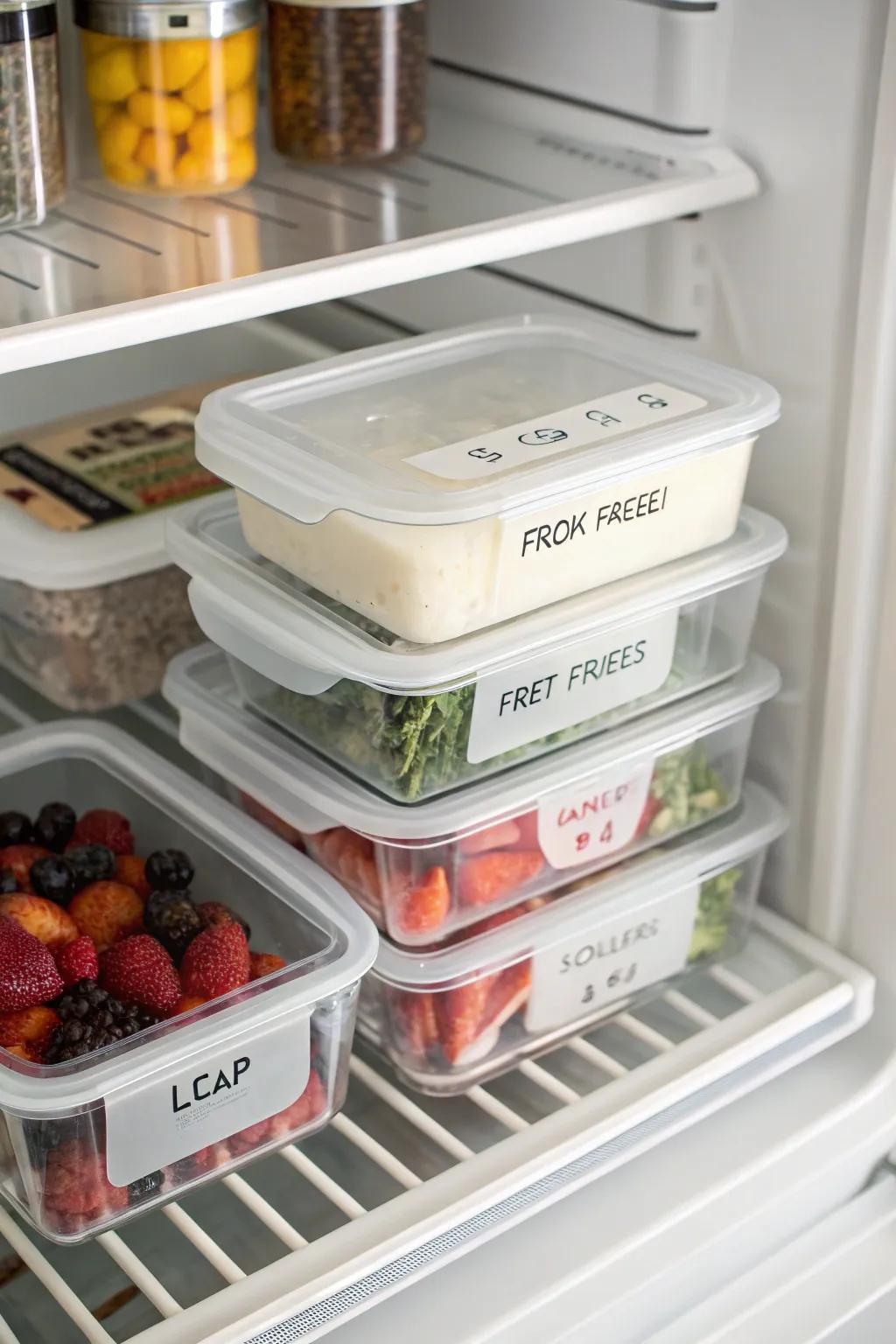 Clearly labeled containers inside a top freezer for easy identification.