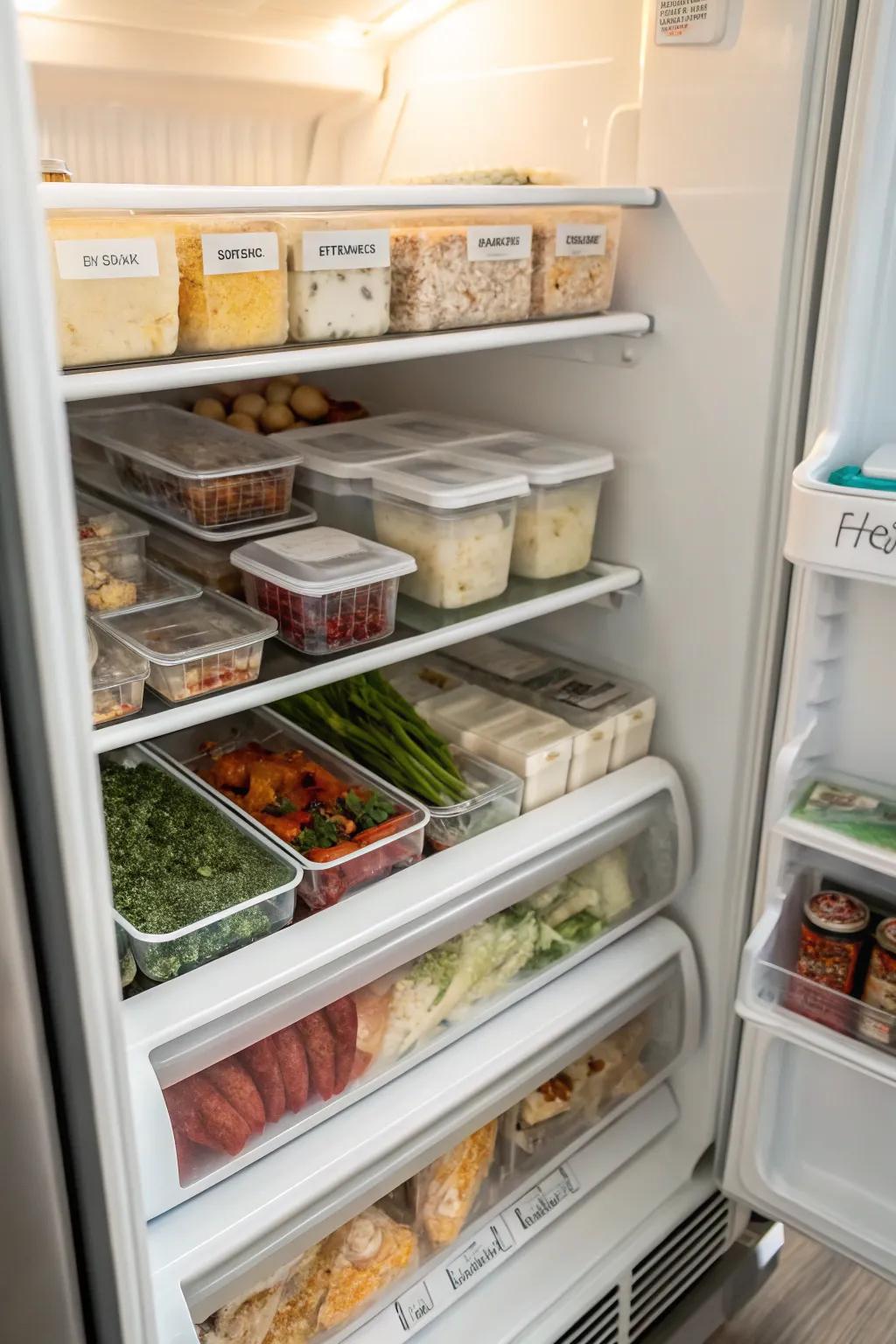 Shelf dividers inside a top freezer separating different food groups.