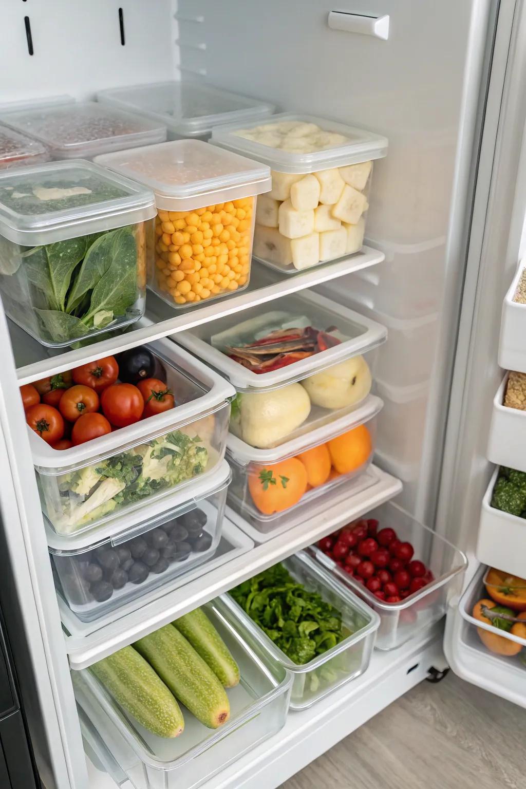Vertical storage using clear dividers inside a top freezer to optimize space.