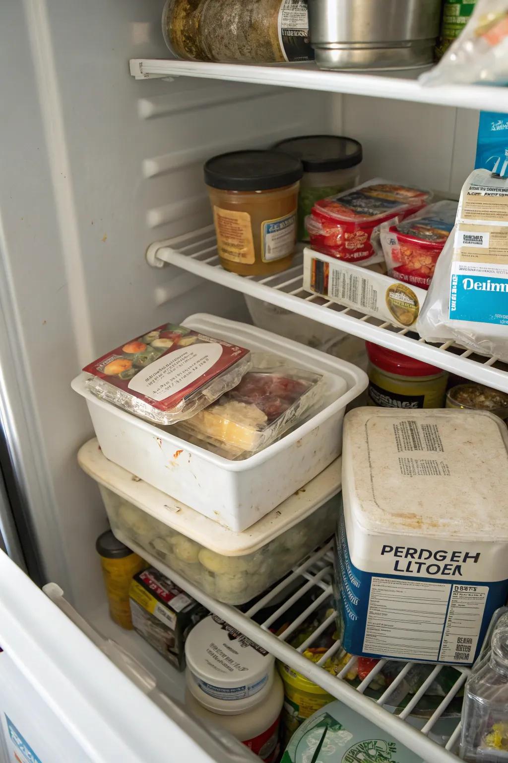 Older frozen items placed at the front of a top freezer for easy use.