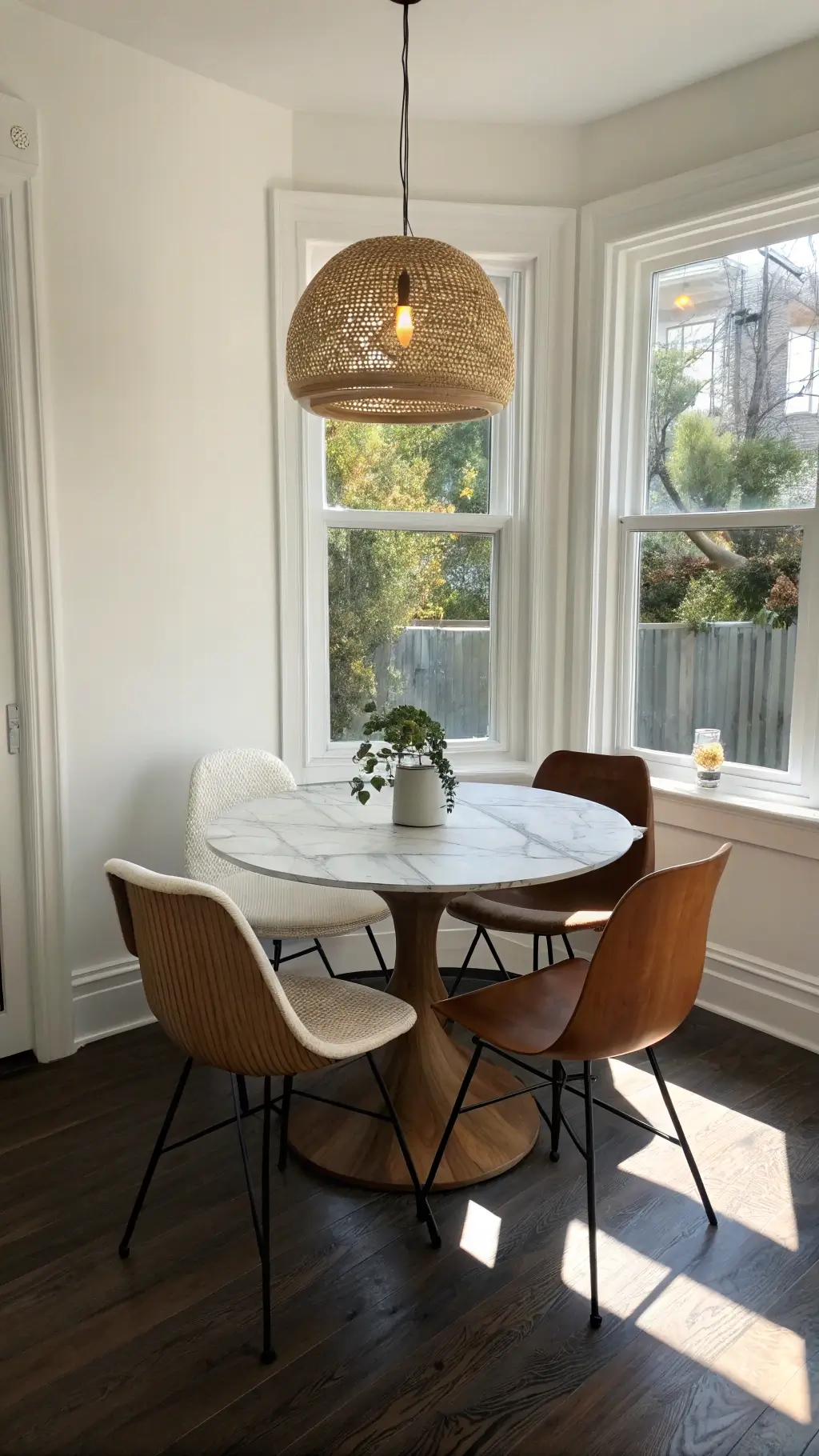 Cozy Japandi-style breakfast nook with four minimalist chairs around a marble table, illuminated by natural light