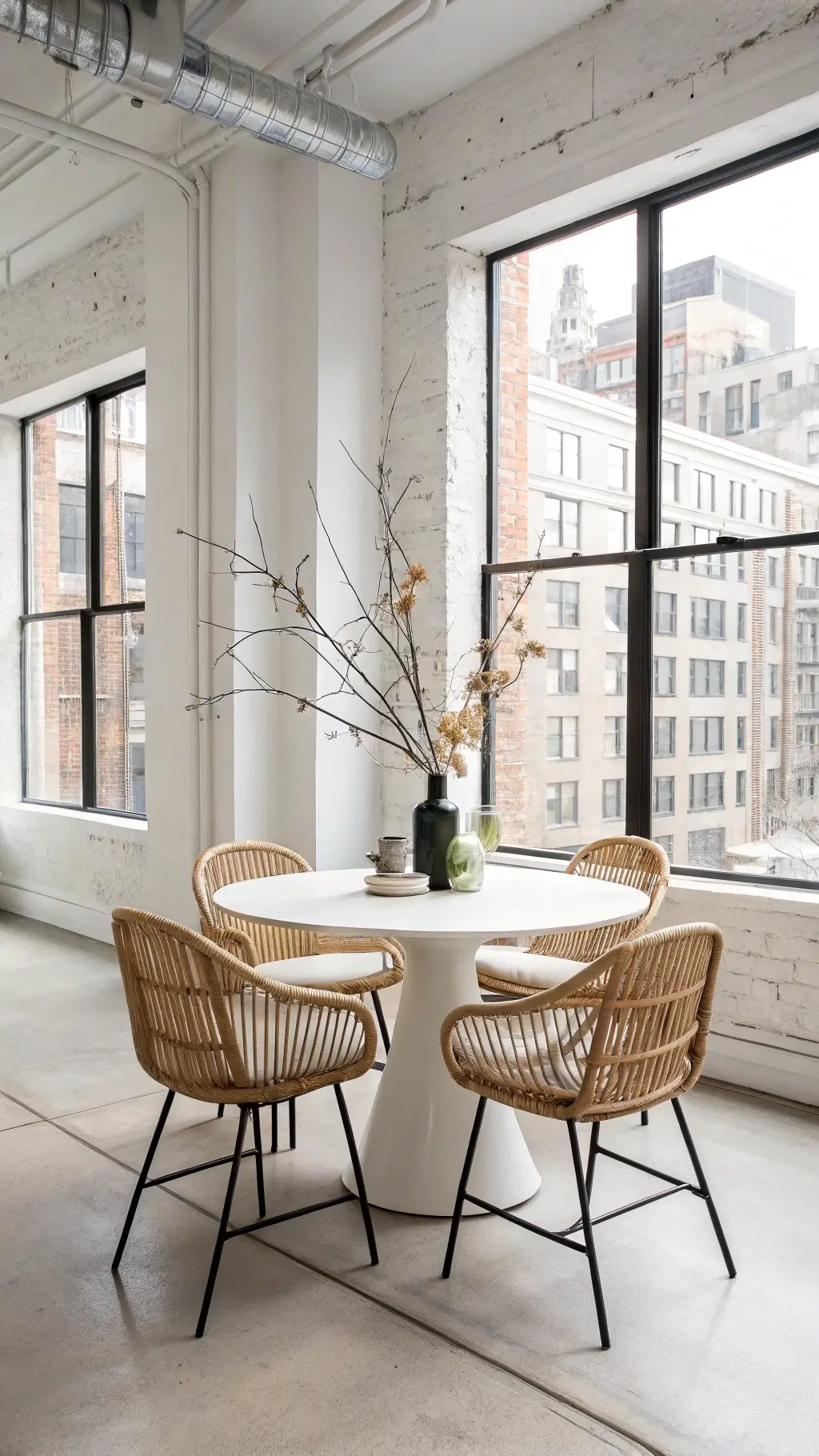 Bright urban Japandi dining area with natural rattan chairs, white oak table, concrete floors, and minimalist decor