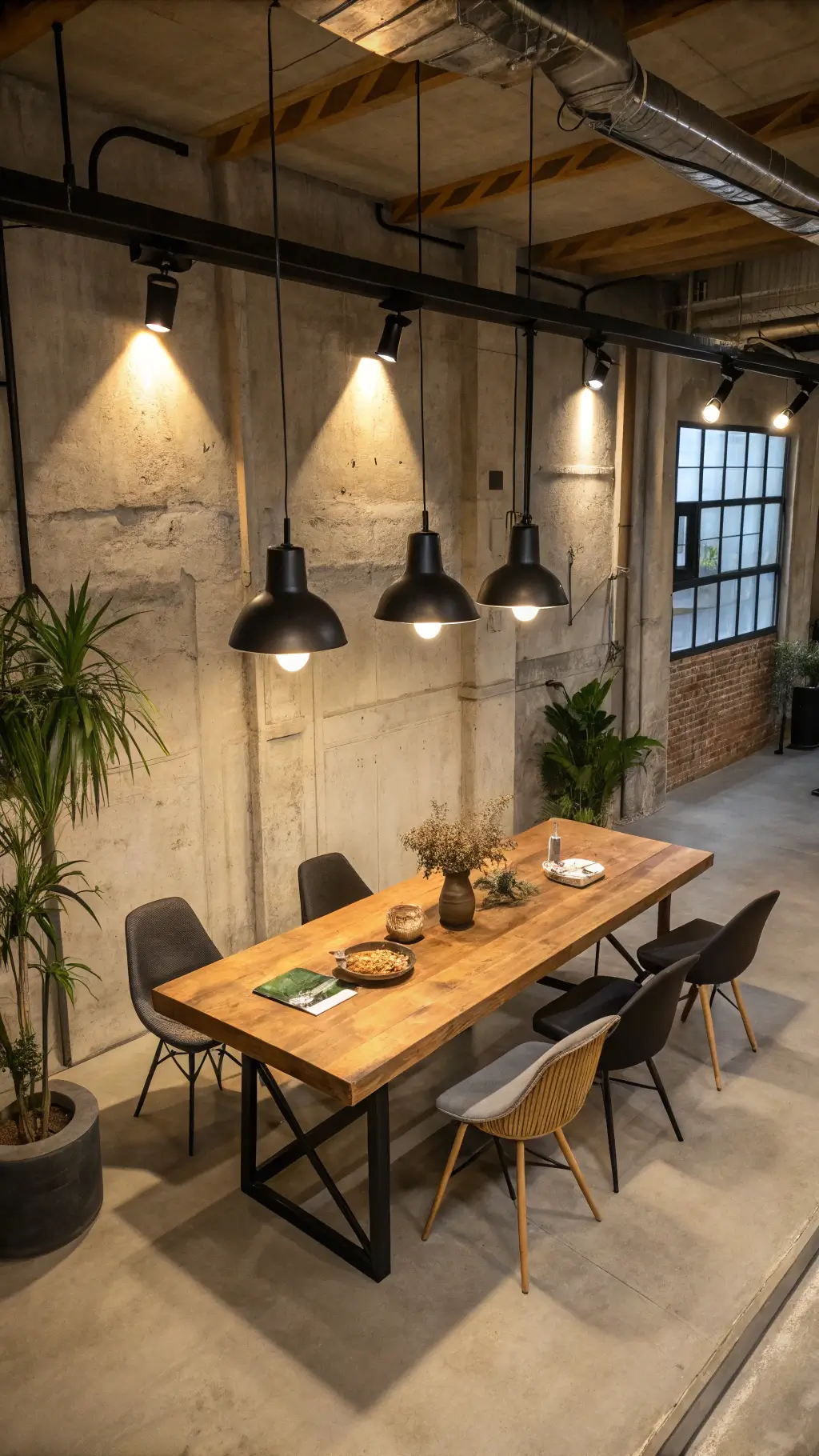 Overhead view of Japandi loft dining space with industrial accents, bleached oak chairs, black steel table, and warm pendant lighting