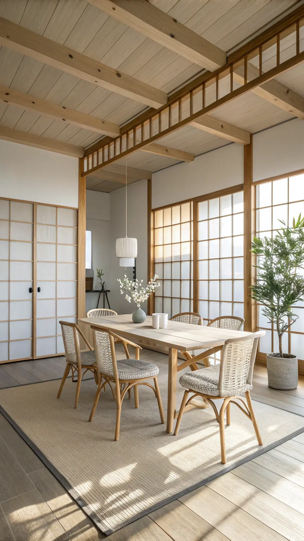 Serene Japandi dining room with shoji screens, light ash chairs with woven seats, whitewashed pine table, and soft natural light