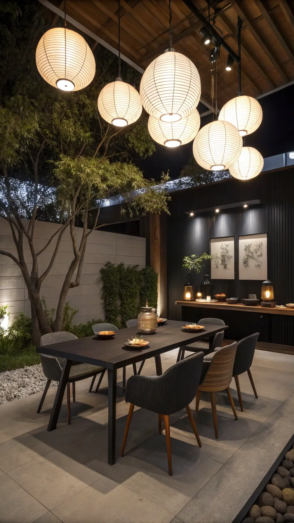 Japandi-style dining room at night with ambient paper lantern lighting, mixed wood chairs, matte table, charcoal accent wall, and minimalist decor