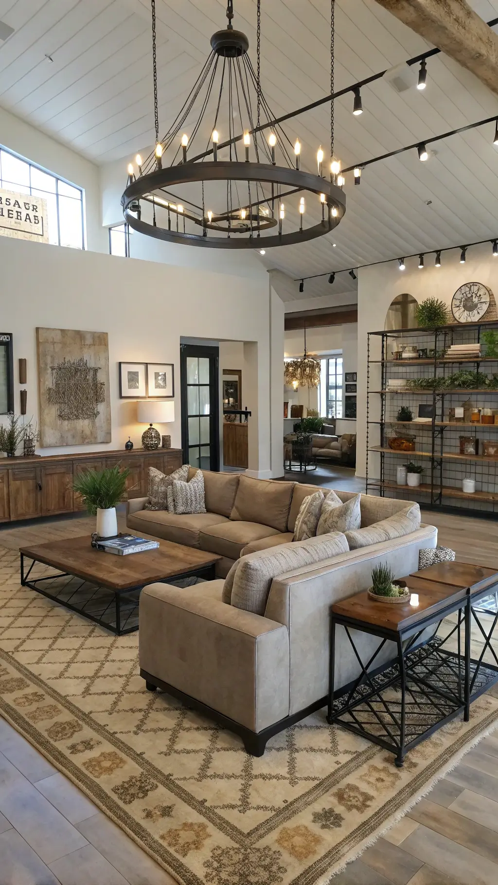 Open concept living room with modern farmhouse furniture and layered vintage rugs