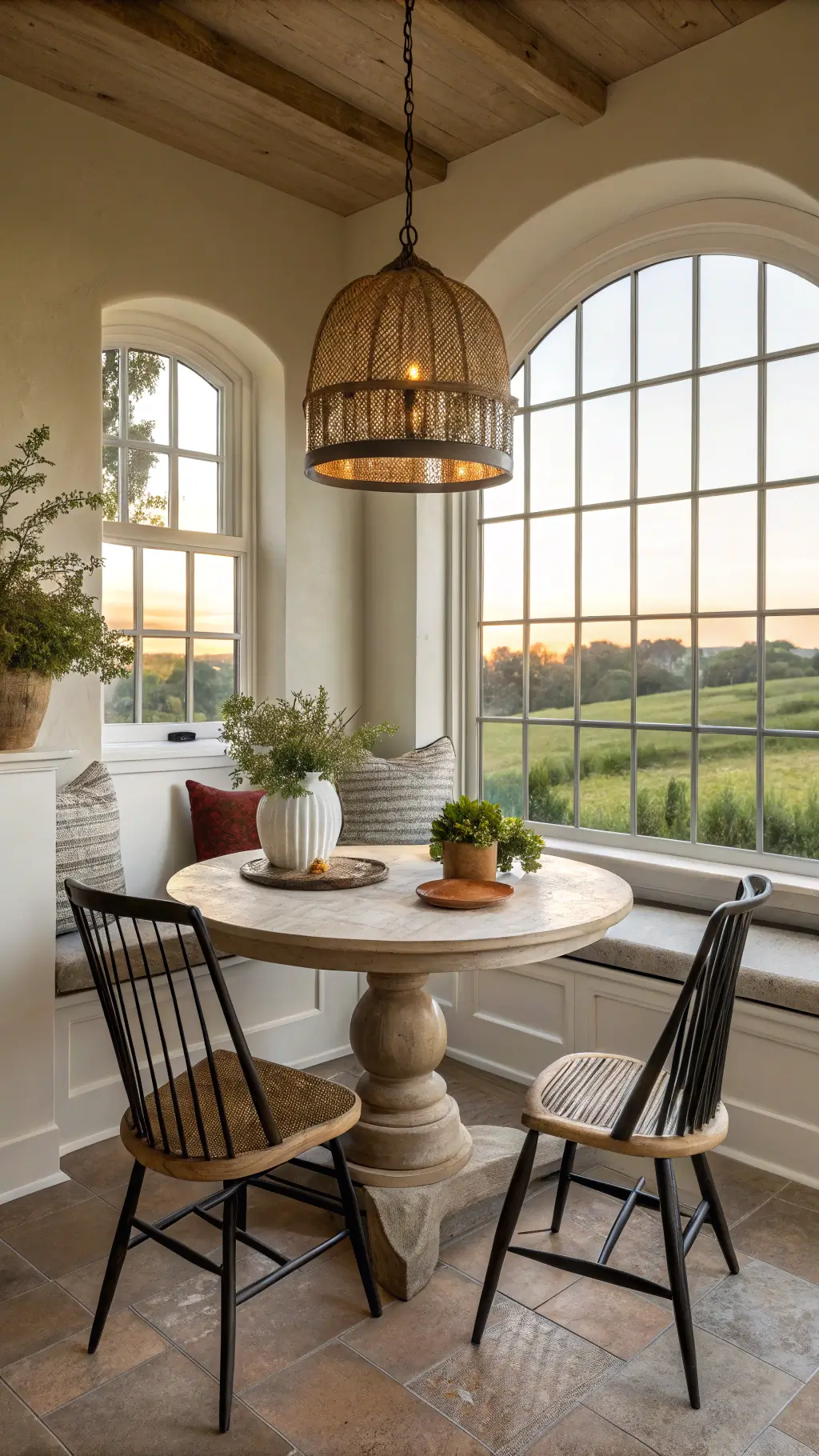 cozy breakfast nook with farmland view through arched window, weathered oak table, mixed seating, antique brass sconce, woven pendant light, ceramic pottery, fresh herbs, contrasting textures