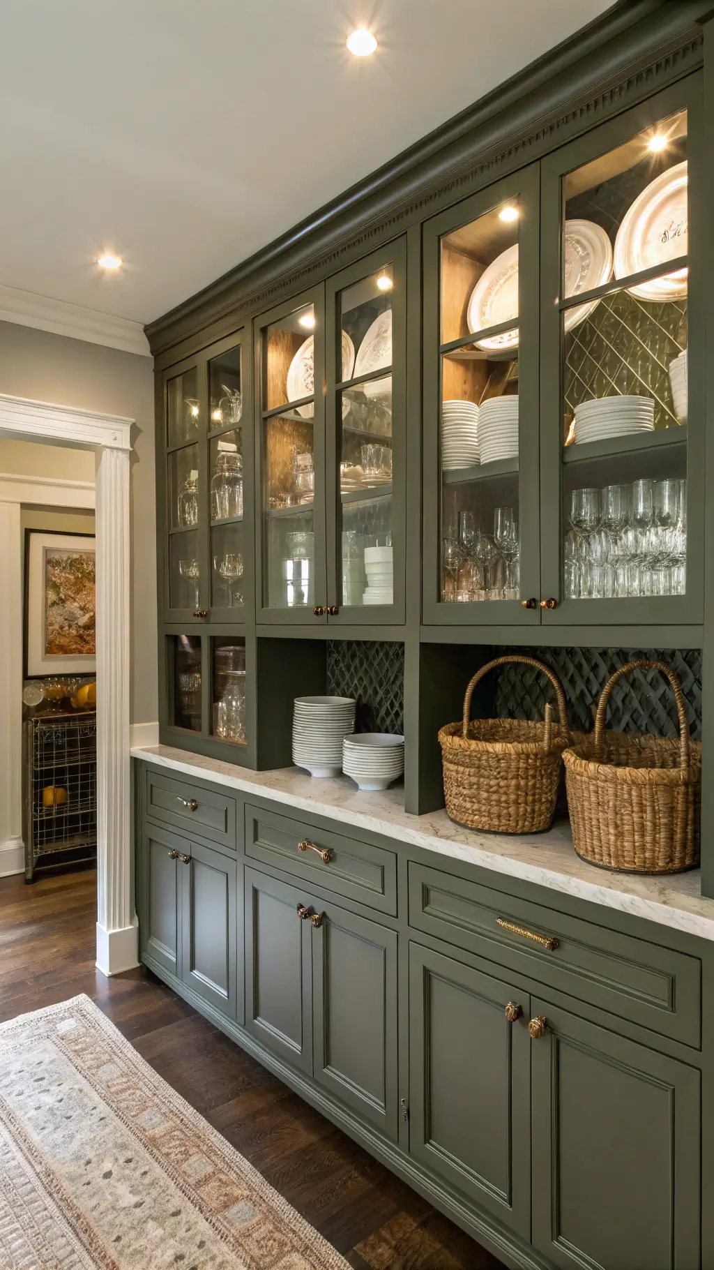 classic butler pantry with sage green cabinets, vintage silver accessories, white dinnerware behind glass-front cabinets, warm lighting, antiqued mirror backsplash