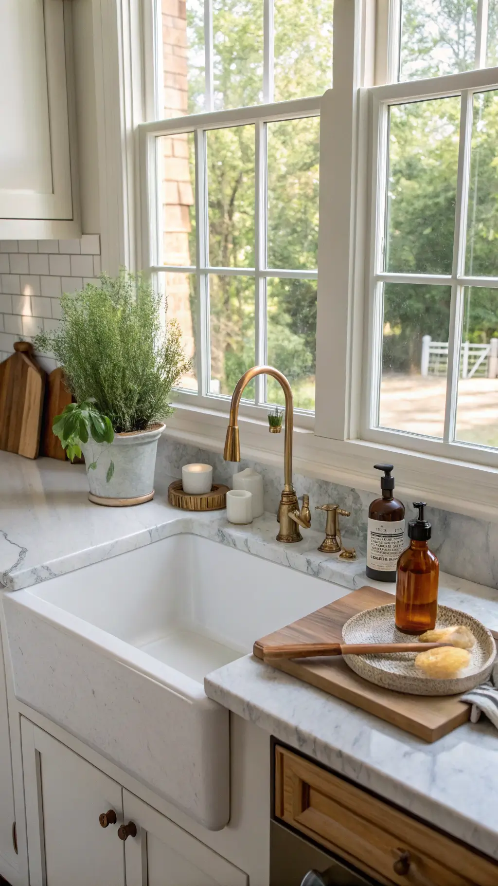 farmhouse sink under window in bright kitchen with potted herbs, amber soap bottle, vintage dish brush, wood cutting boards leaning against marble backsplash