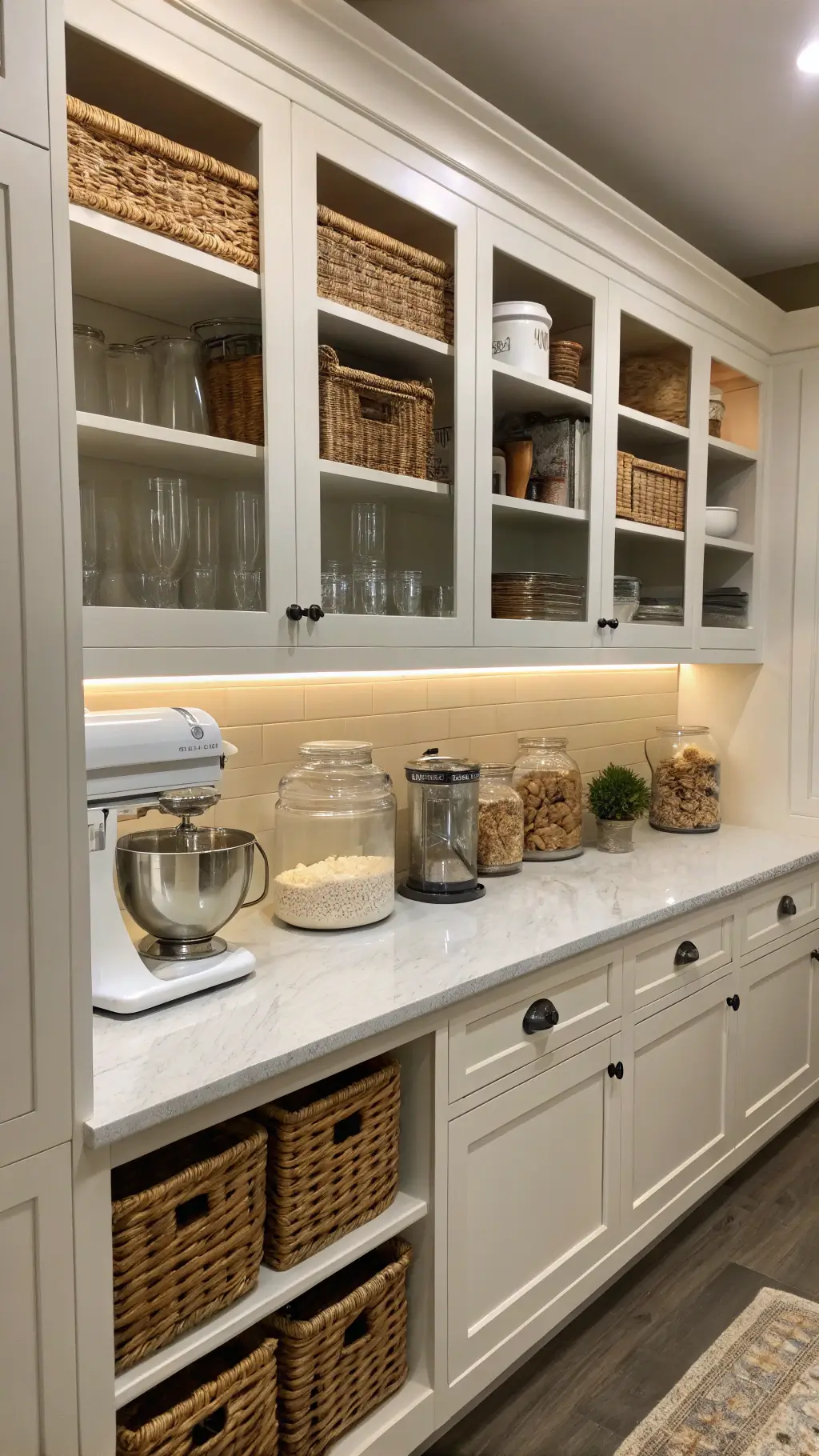 organized baking station with quartz countertop, open shelving, closed cabinets in warm white, styled stand mixer, vintage scale, glass canisters under soft lighting