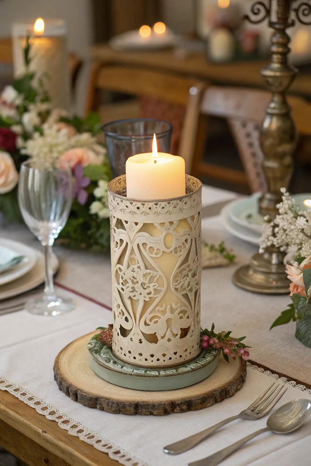 A decorative candle holder with a secret compartment.