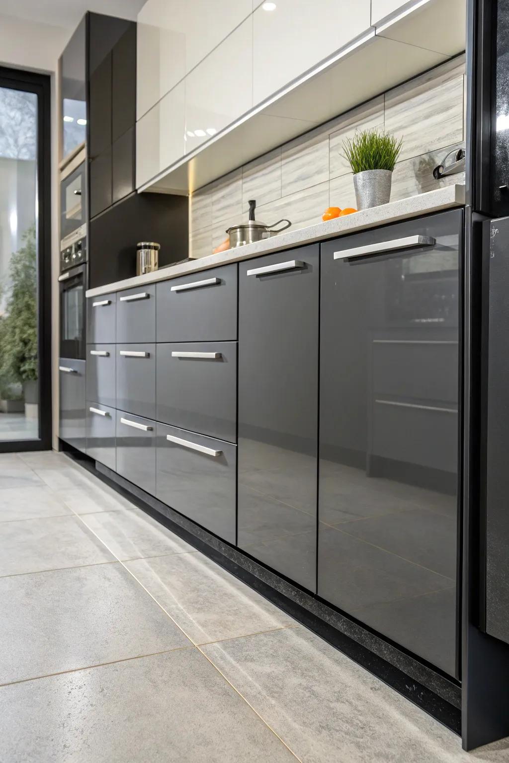Hidden storage space in the toe kick of kitchen cabinets.