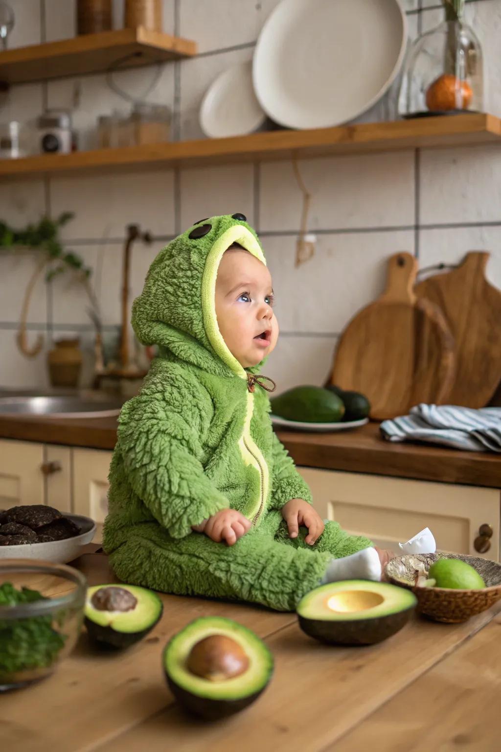 A fun and quirky avocado costume for a memorable first Halloween.