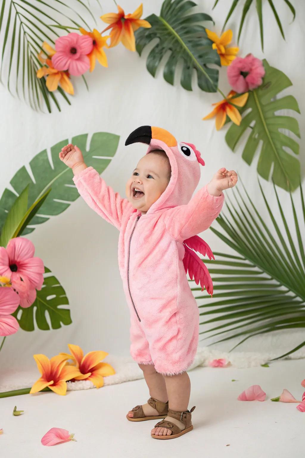 A bright flamingo costume adding a splash of color to Halloween.