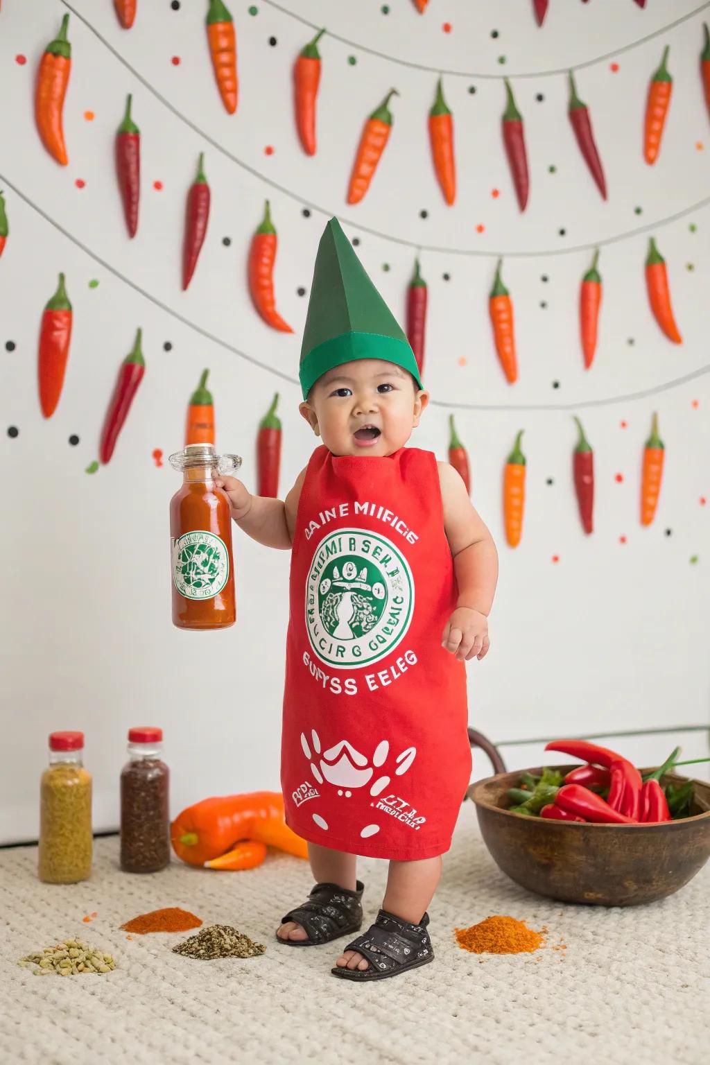 A bold Sriracha bottle costume for a fiery Halloween.