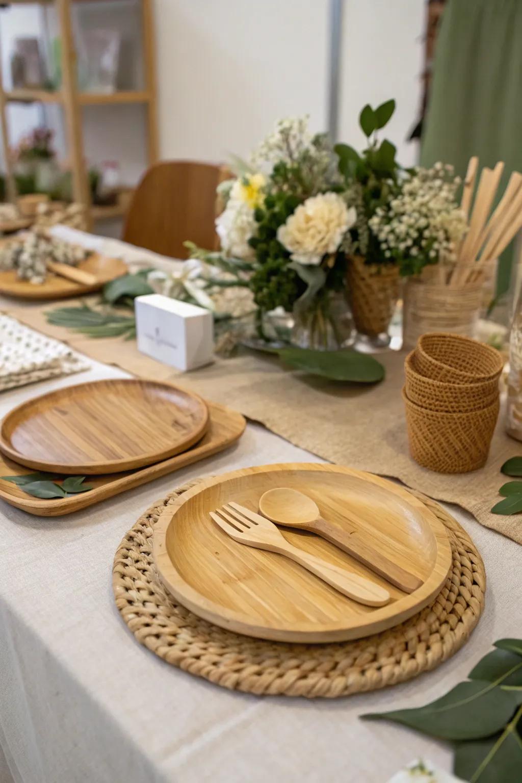 Eco-friendly tableware complements the natural theme.