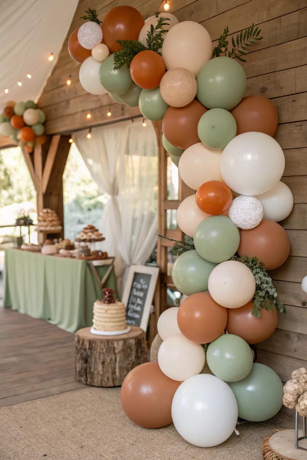 Balloons in natural earth tones add festive charm.