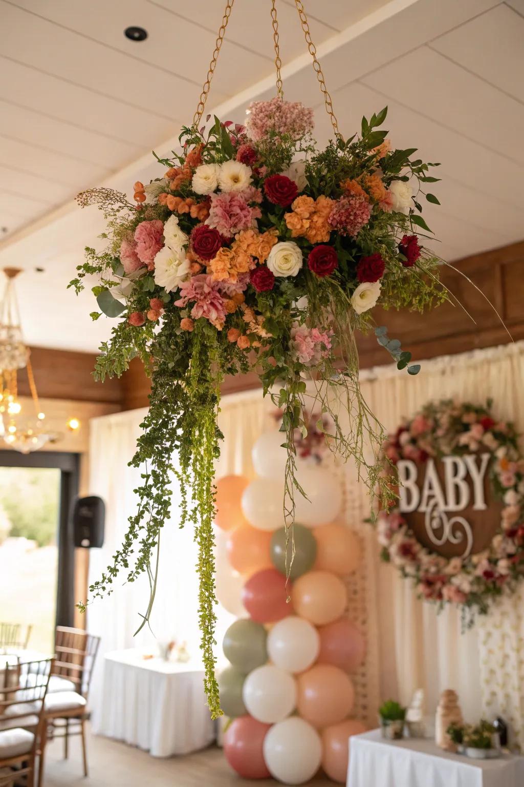 Suspended floral arrangements create stunning focal points.
