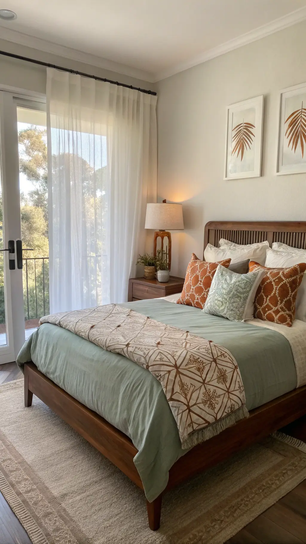 Cozy guest bedroom at golden hour with colorful bedding, geometric throw pillows, and sleek bedside table with Noguchi-style lamp creating a gallery-like ambiance