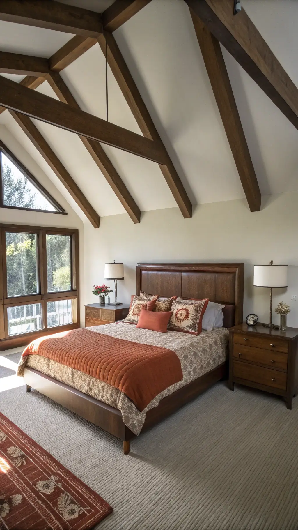 Master bedroom with terracotta linen bedding, vintage-inspired pillows with mid-century patterns, walnut nightstands, and ceramic lamps under angled ceiling with exposed beams