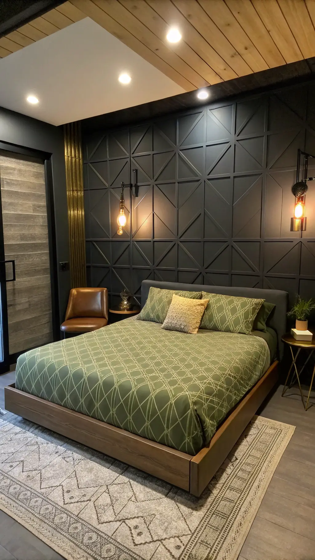 Minimalist urban bedroom at dawn with olive green geometric sheets on platform bed, brass sconces, and cognac leather chair emphasizing clean horizontal lines