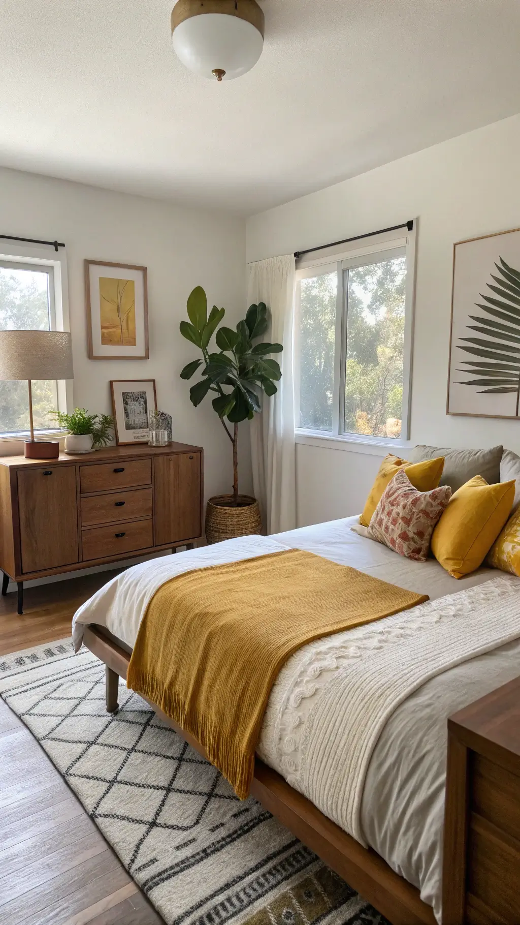 Bright corner bedroom with neutral bedding accented by mustard yellow, low-profile bed, antique teak sideboard, mid-century accessories, and fiddle leaf fig plant
