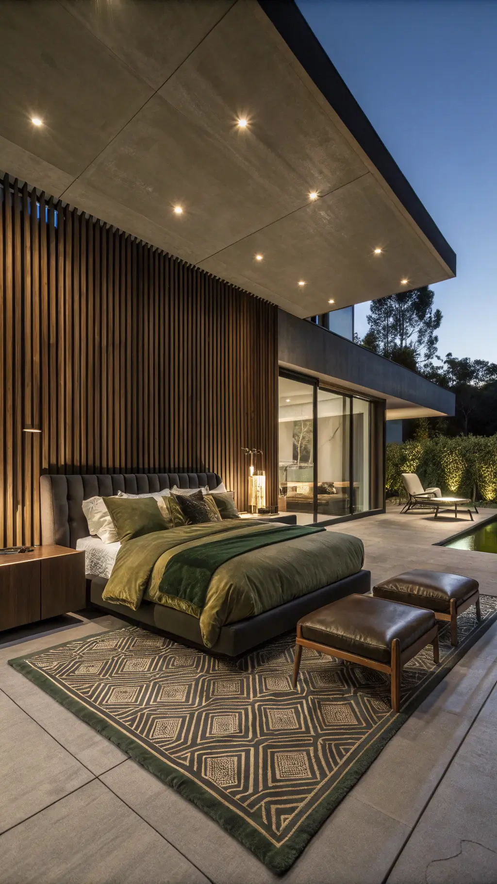 Modern primary bedroom at dusk with vertical wood slat bed wall, olive linen bedding, brass accents, geometric rug, leather Barcelona chair, and dramatic lighting