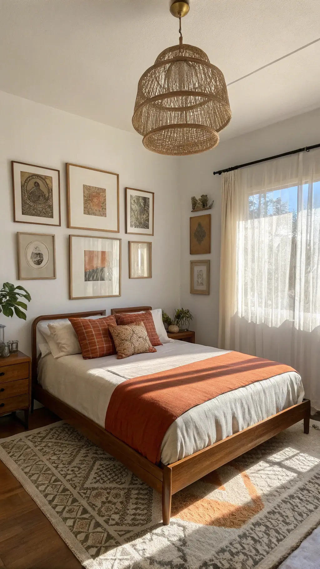 Sunlit guest room with terracotta and cream color-blocked bedding, vintage prints in brass frames, woven pendant light casting shadows, and sheer curtains diffusing natural light