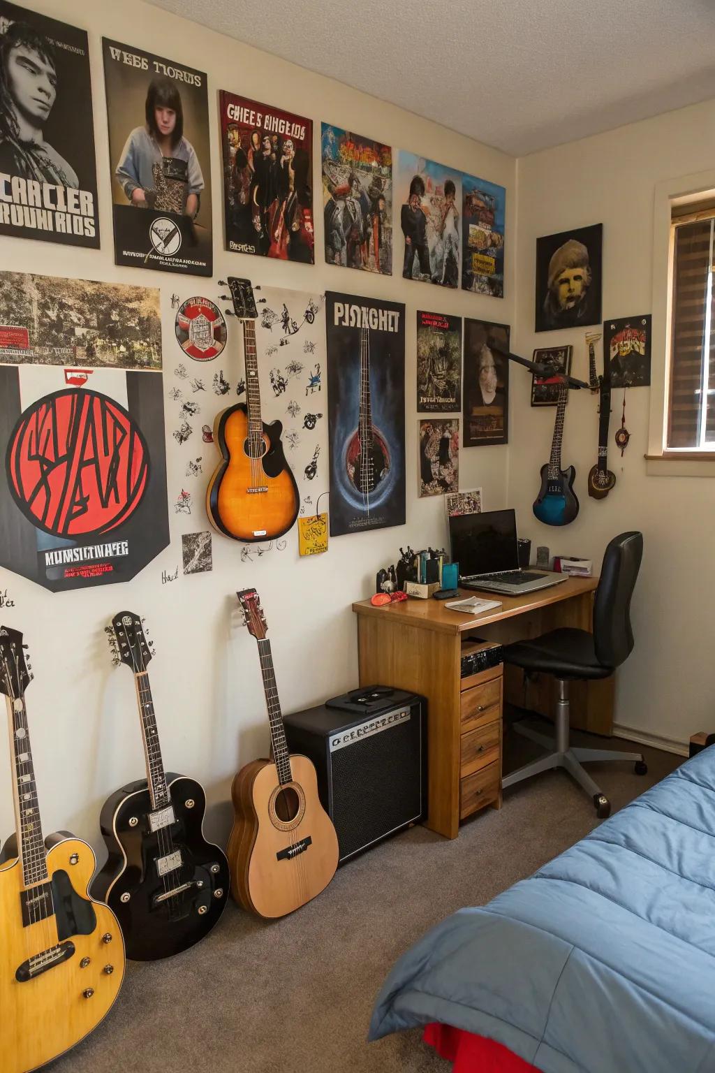 A teen boy's room decorated with a music theme, featuring guitars on the wall.