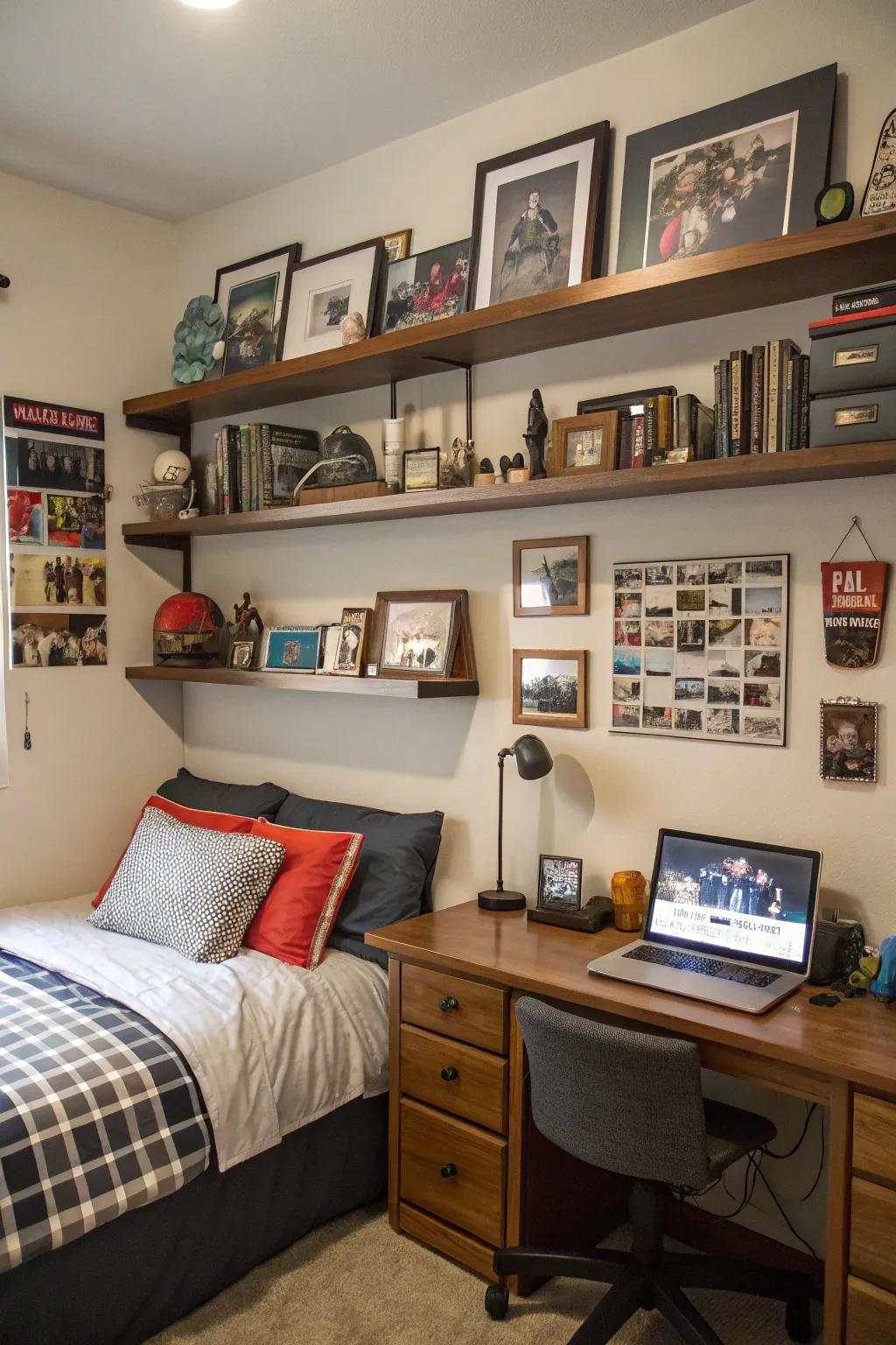 Personal keepsakes and photos add a unique story to this teen boy's bedroom.