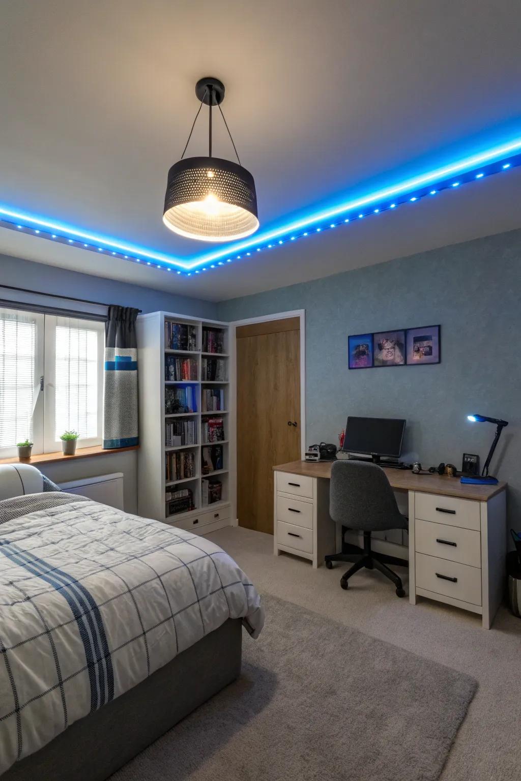 A teen boy's room illuminated with adjustable LED lighting to create a personalized ambiance.