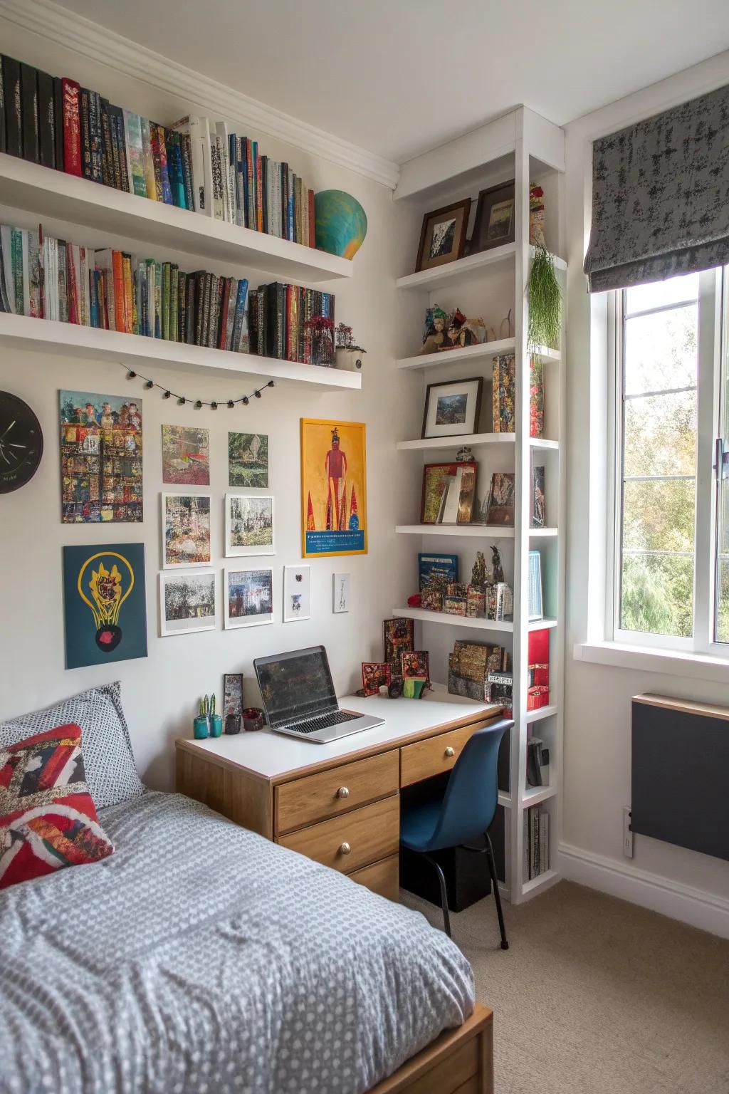 Efficient use of vertical space with wall shelves and mounted storage in a teen boy's room.