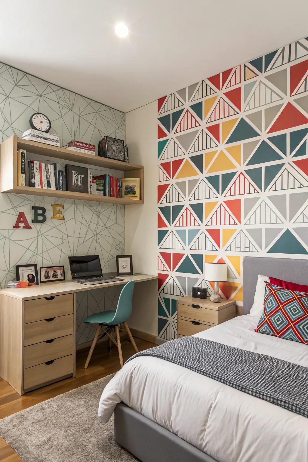 Geometric patterned wallpaper brings a modern edge to this teen boy's room.