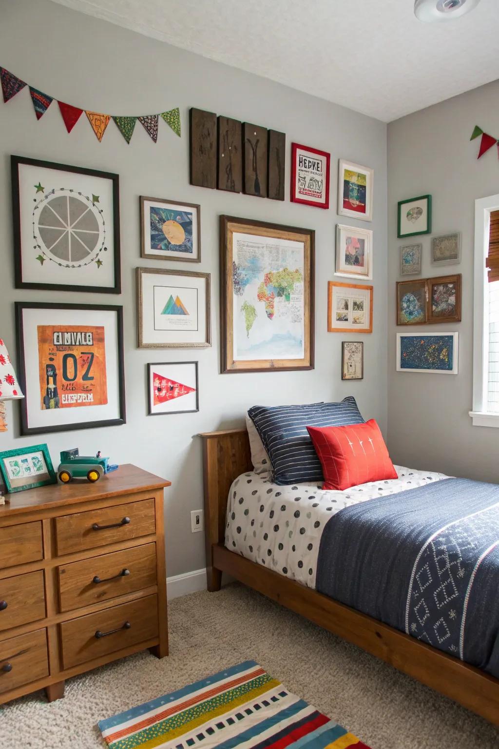 Framed art and wall decals add personality to this teen boy's bedroom.