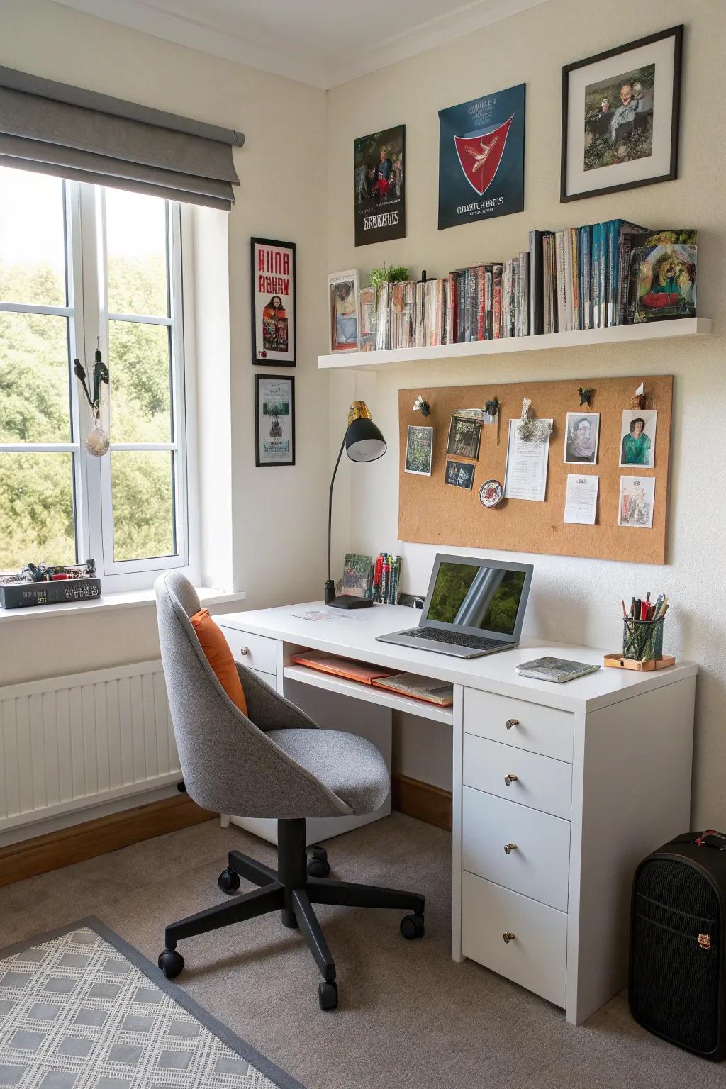 A focused study area with a modern desk and ergonomic chair in a teen boy's room.