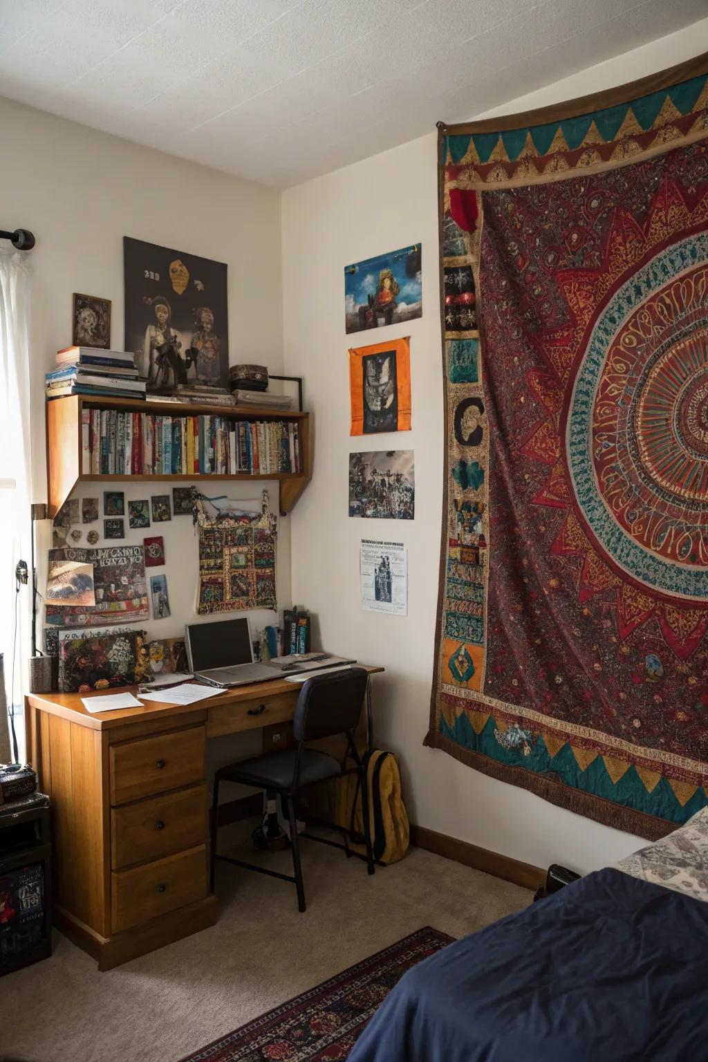 A versatile fabric wall hanging adds warmth and personality to this teen boy's room.
