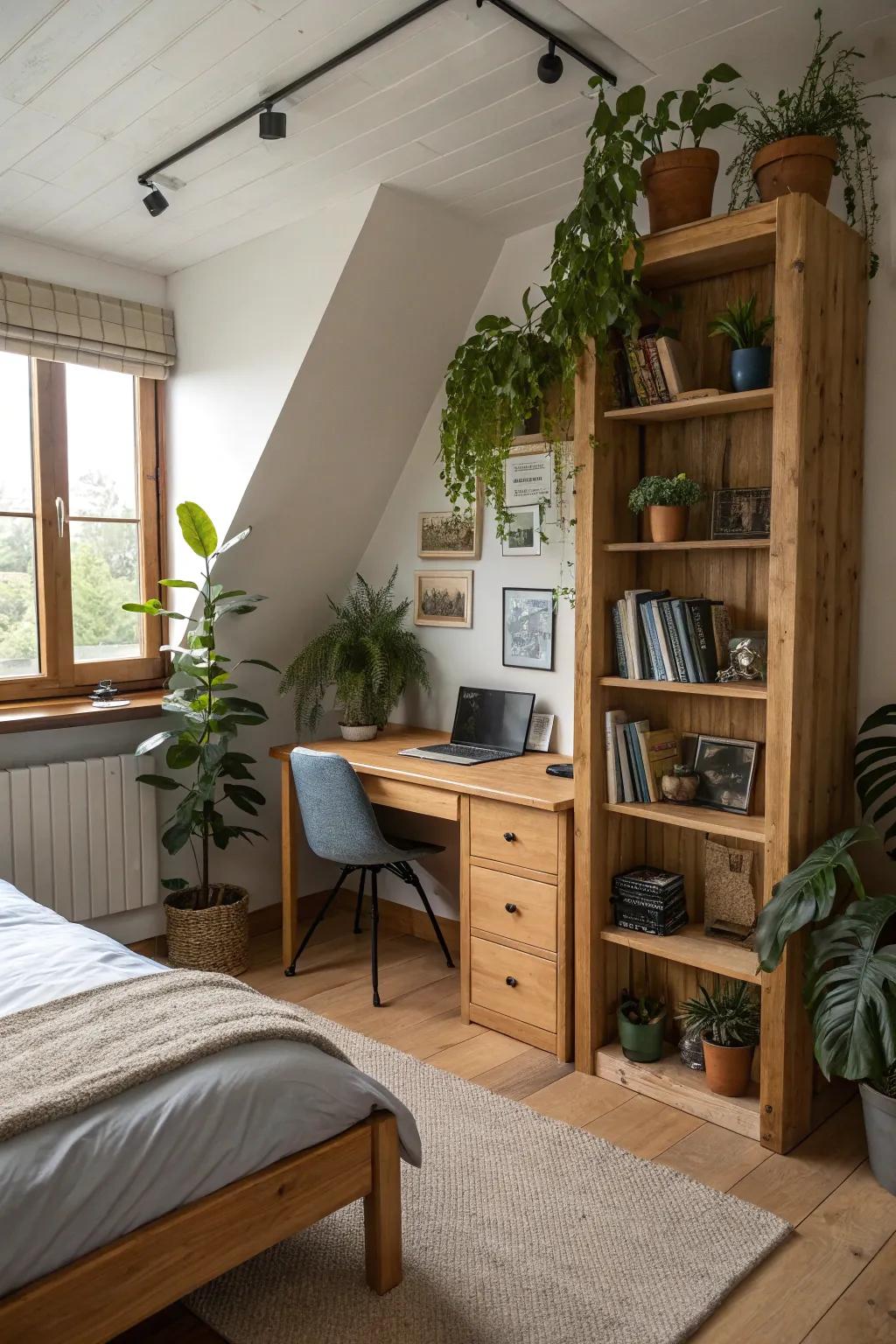 Natural wood accents and plants add warmth and freshness to this teen boy's room.