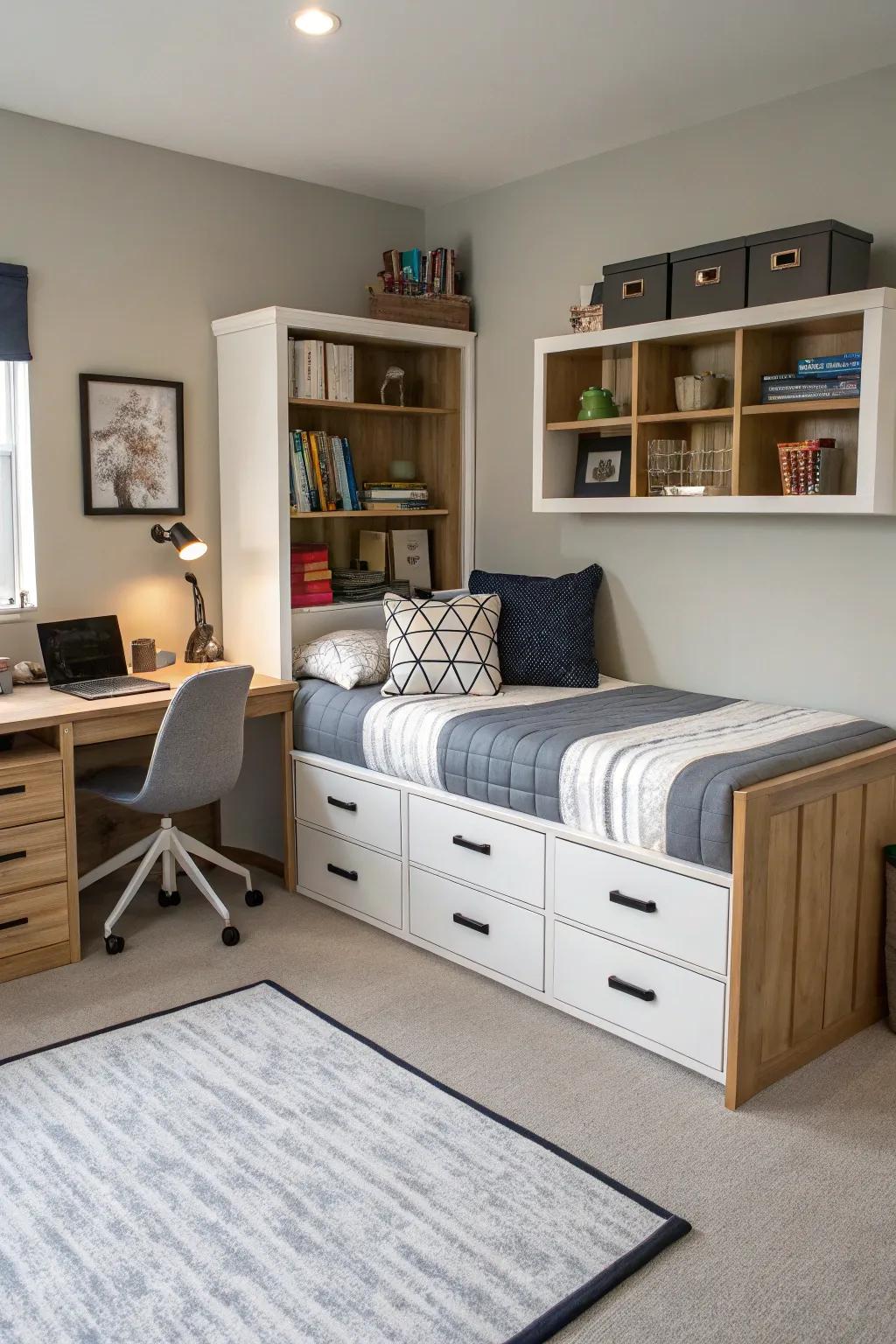 Space-saving multifunctional furniture enhances this teen boy's bedroom.