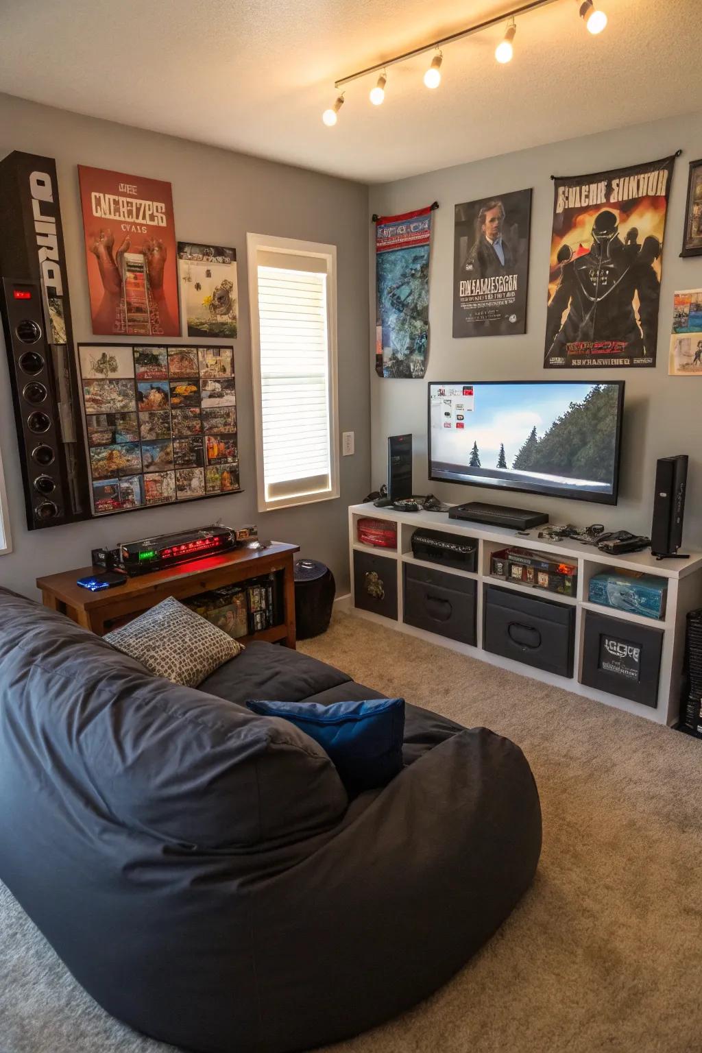 A cozy gaming nook with comfortable seating in a teen boy's bedroom.