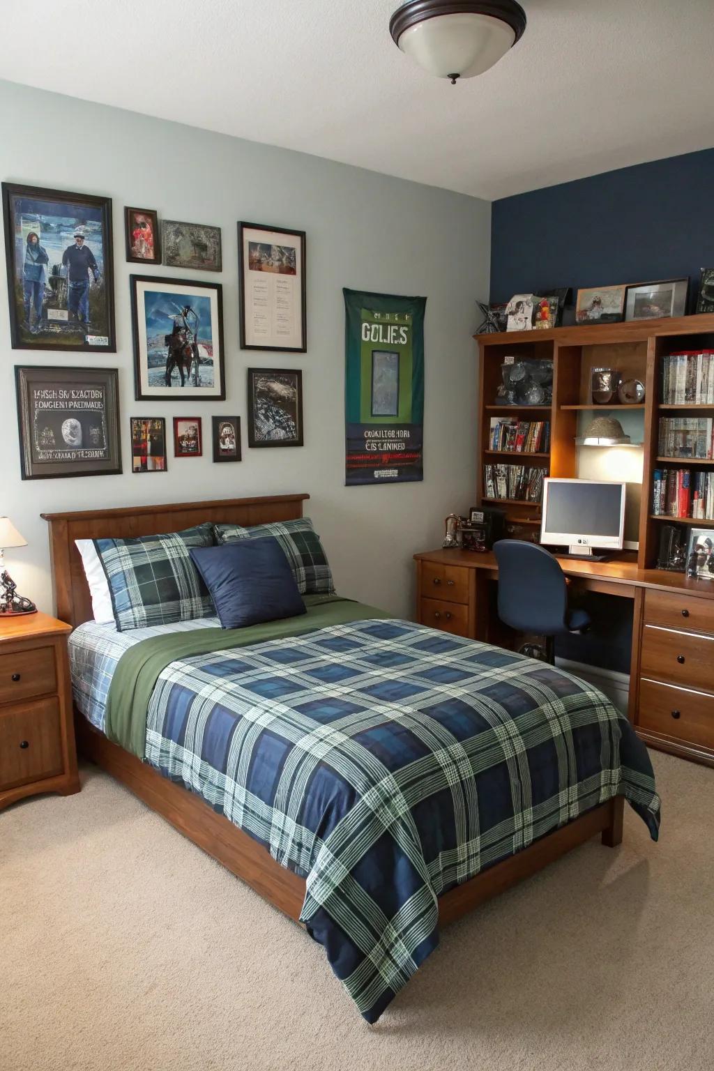 Coordinated plaid bedding creates a unified aesthetic in this teen boy's room.